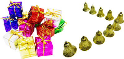 

Priyankish 12 Small Multi Gift Box & 10 Golden Bells Combo Hanging Ornaments Pack of 22