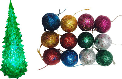 

Priyankish 1 Light Christmas Tree & 12 Multi Glitter Balls Hanging Ornaments Pack of 13
