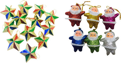 

Priyankish 12 Glitter Stars & 6 Multi Santa Combo Hanging Ornaments Pack of 18