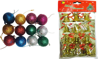 

Priyankish 12 Glitter Balls & 12 Golden Bells Combo Hanging Ornaments Pack of 24