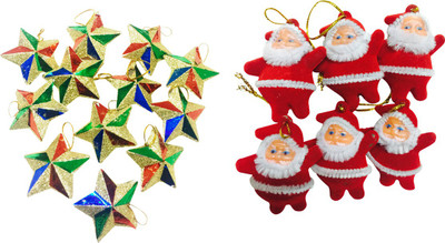 

Priyankish 12 Glitter Stars & 6 Red Santa Combo Hanging Ornaments Pack of 18