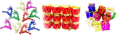 

Priyankish 10 Running Deers, 12 Red Drums & 12 Small Gift Box Combo Hanging Ornaments Pack of 34