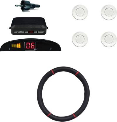 Allure Auto 1 Ring Type Car Steering Cover, Car Reverse Parking Sensor With Led Display- White Combo