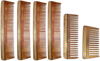 Ginni Marketing Combo of 6 Neem Wood Combs ( regular + medium and baby detangler)