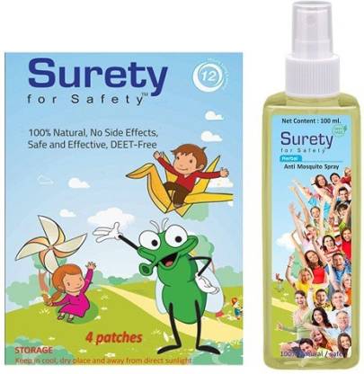 Surety for Safety Herbal Mosquito Repellent Patches 4 + Herbal Anti Mosquito Spray 100ml