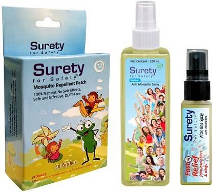 Surety for Safety After Bite Spray(8ml) + Anti Mosquito Spray (100ml) + Mosquito Repellent Patch 50