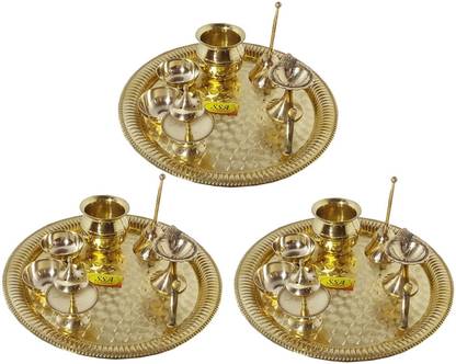 Shivshakti Arts Handmade Pure Set Of 3 Brass Pooja Thali Set 21 pcs Poojan Purpose Brass