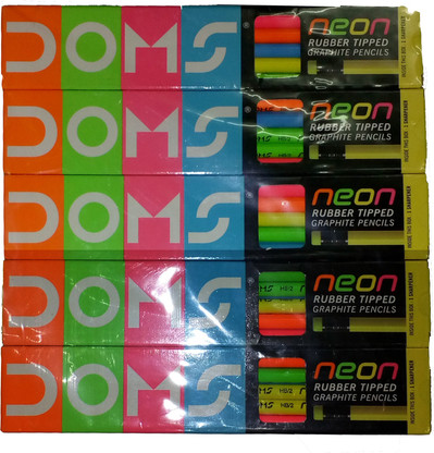 Rubber Tipped Graphite Pack of 10 Pencils Doms Neon Multi-color Wooden Pencil 