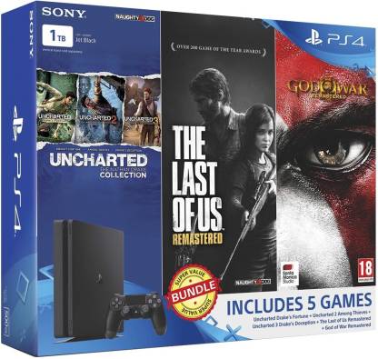 SONY PlayStation 4 (PS4) Slim 1 TB with Uncharted Collection, The Last of Us Remastered and God of War Remastered