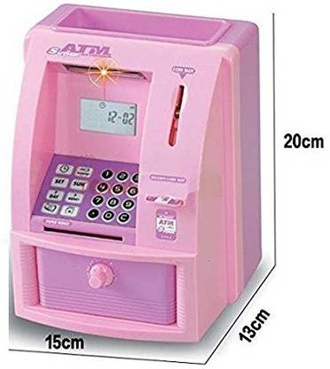 aaryan enterprise atm machine piggy bank with personal atm card lcd display for kids coin bank