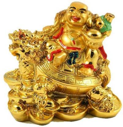 Green Laughing Buddha Sitting on a Turtle Gold Trimmed Weighs almost 4 Lbs EUC