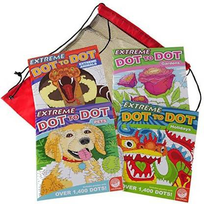 Deluxe Games And Puzzles Extreme Dot To Dot Holidays Gardens Pets Extreme Animals 4 Book Bundle Bonus Black Mesh Red Nylon Drawstring Carry Bag Extreme Dot To