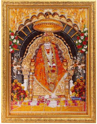Religious Wall Decor Shirdi Sai Baba Silver Zari Art Work Photo in Golden Frame Big 14 X 18 Inches 