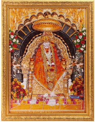 Religious Wall Decor Shirdi Sai Baba Silver Zari Art Work Photo in Golden Frame Big 14 X 18 Inches Religious Wall Decor Shirdi Sai Baba Silver Zari Art Work Photo in Golden Frame Big 14 X 18 Inches