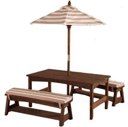 Kidkraft Outdoor Table And Bench Set With Cushions Doll Umbrella Espresso Oatmeal White Striped Fabric Kidkraft Outdoor Table And Bench Set, Kidkraft Outdoor Picnic Table Bench Set With Cushions Umbrella