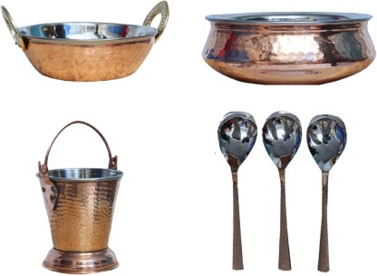 2 Kadai & 1 Balti/Bucket Indian Food Gift Copper Serveware Set of 2 Handi Bowl 