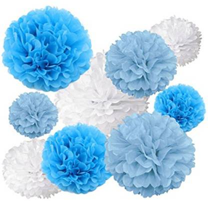 Bronzing BLUE & WHITE 10 inch Tissue Hanging Paper Pom Poms Flower Ball Wedding Party Outdoor Decoration Paper Pom Pom Flowers Craft Kit (Blue & White)(Total 9 piece) Price in