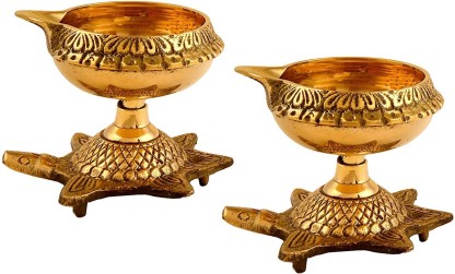 Hashcart Set of 2 Handmade Indian Puja Brass Oil Lamp - Golden Diya Lamp Engraved Design Dia with Turtle Base 