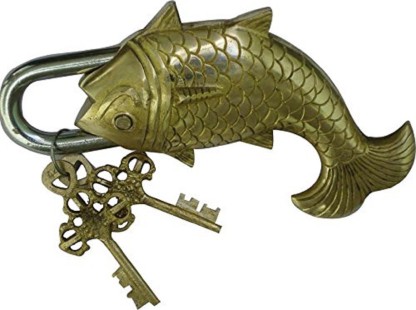 Vintage Solid BRASS FISH DOOR LOCK KEY w 2 Keys Garden Secret Lock Functional 