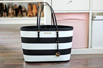 Michael kors blue and white striped jet set tote clearance