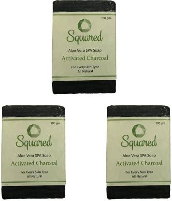 SQUARED Activated Charcoal soap with the goodness of Aloe Vera for Soft and pollution free Skin (Pack of 3)