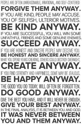 Mother Teresa Do It Anyway Quote Poster Art | Inspirational Posters For