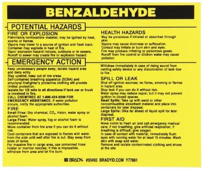 Brady Vinyl Hazardous Material Label Black On Yellow 3 3 4 Height X 4 1 2 Width Legend Benzaldehyde 25 Labels Per Package Vinyl Hazardous Material Label Black On Yellow 3