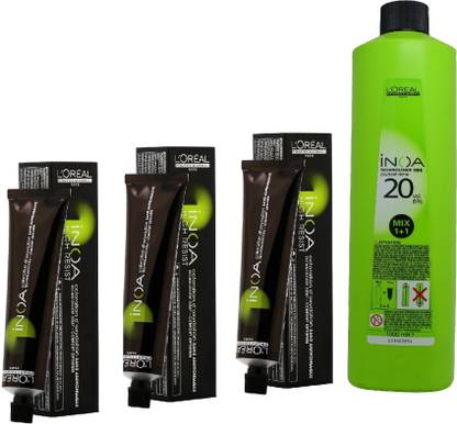 L'Oréal Paris INOA Ammonia Free Permanent Colour 3 Dark Brown(3 tube) 60mL+  Loreal INOA Oil Developer 1000 mL Price in India - Buy L'Oréal Paris INOA  Ammonia Free Permanent Colour 3 Dark