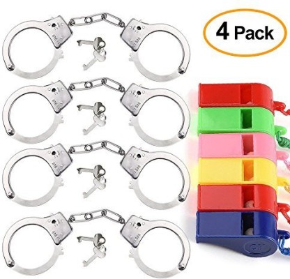 9 PCS Police Toy Police Metal Handcuffs Heavy Duty Diecast with Whistles Police Costume for Kids and Boys Party Favors Costume Props Alloy 