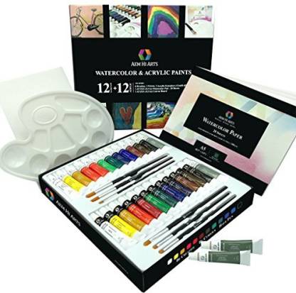 Aem Hi Arts Art Kit With Watercolor And Acrylic Paint Set By - 12 Professional Quality Liquid Watercolor Paints, 12 Premium Qual - Art Kit With Watercolor And Acrylic Paint Set By -