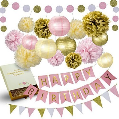 With 6 Pom Pom Color Pink With 6 Hanging Swirls gold and pink Birthday Decorations, Gold And Dark Pink Happy Birthday Banner 