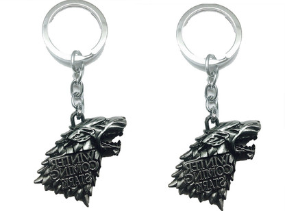 White Dire wolf Black Leather Metal Keychain Key Ring 