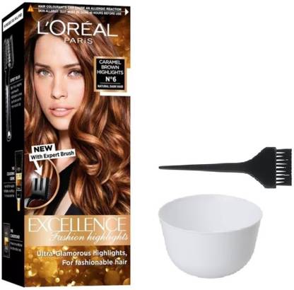 L'Oréal Paris Excellence Caramel Brown Highlights No 6 Hair Color + 1 Bowl  + 1 Dyeing Brush Price in India - Buy L'Oréal Paris Excellence Caramel  Brown Highlights No 6 Hair Color +
