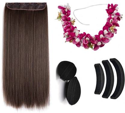 FULLY Party Wear South Indian Style Gajra (veni) + Hair Puff Accessories & Straight Dark Brown One Piece 5 Clips In Hair Extensions Combo For Women & Girls Price in India - FULLY Party Wear South Indian Style Gajra (veni) + Hair Puff Accessories & Straight Dark Brown One Piece 5 Clips In Hair Extensions Combo For Women & Girls Price in India -