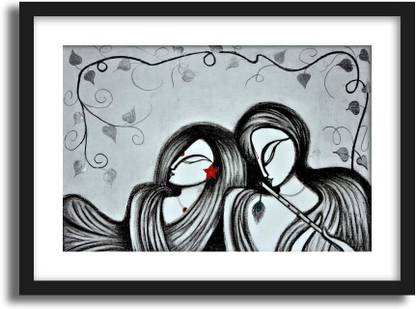 Artcentral Spiritual Series Lord Krishna And Shree Radha Black And White Art Painting Without Glass Black Frame With Border Art Print Digital Reprint 21 Inch X 15 Inch Painting Price In India