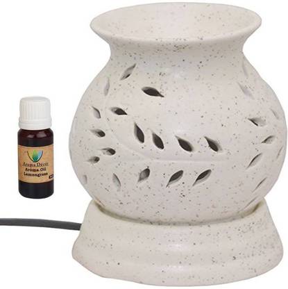 Bright Shop Ceramic Electric Diffuser Matki Shape with Floral Cutting Design White Color Diffuser Set