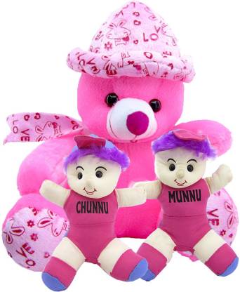 Gift Decor Shop Chunnu Munnu Soft Toy (Multi, 30 cm) Combo with soft toy  pink cap teddy bear for Kids (Pink, 41 cm) - 30 cm - Chunnu Munnu Soft Toy  (Multi,