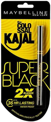 Maybelline New York Colossal Kajal Super Black 0 35g Price In India Buy Maybelline New York Colossal Kajal Super Black 0 35g Online In India Reviews Ratings Features Flipkart Com Maybelline colossal kajal super black provides intense color payoff, iit stays waterproof and smudge proof for long it is ophthalmologically tested that makes it suitable for the sensitive eyes and contact lens users it gives you a 2x blacker look in one smooth stroke, that stays intense for up to 16 hours. flipkart