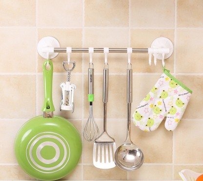 White Removable Utensil Rack Length Adjustable 20-32 Inches with Plastic Suction Cup and Six Rotatable Hooks/ Bathroom Towel Bar-Drilling Free Installation/ Reusable Kitchen Rail 