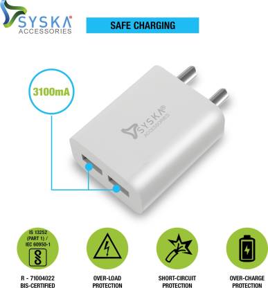 Syska WC-3AD-WH Multiport Mobile Charger 3.1 A with Detachable Cable in 2021 Under 500