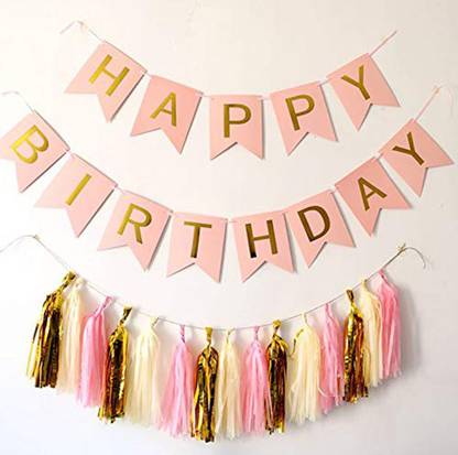 Happy Birthday Banner Pink And Gold Amfin Happy Birthday Banners With Pink Gold And White Tassel Price In India - Buy Amfin Happy Birthday Banners With Pink Gold And White Tassel Online At Flipkart.com