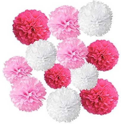 Time to Sparkle TtS 10 Pack Mixed Tissue Paper Pompoms Pom Poms Flower Wedding Party Decoration Hot Pink, 10pcs Extra Large 10+12+15 