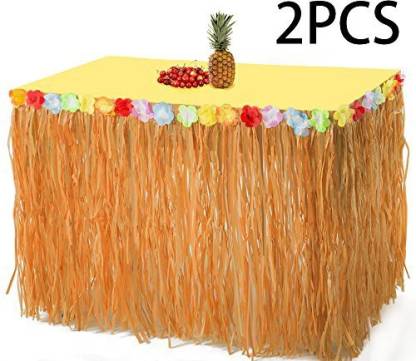 Tropical Hawaiian Luau Table Grass Skirt with Flowers BBQ Party Decorations New