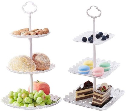 Vertily 2 Set of 3-Tier Cupcake Stand Fruit Plate Cakes Desserts Fruits Snack Candy Buffet Display Tower Plastic White for Wedding Home Birthday Tea Party Serving Platter 14.5 x 18 x 22 cm