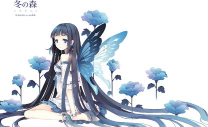 Athah Anime Original Flower Wings Dress Blue Eyes Black Hair Long Hair  13*19 inches Wall Poster Matte Finish Paper Print - Animation & Cartoons  posters in India - Buy art, film, design,