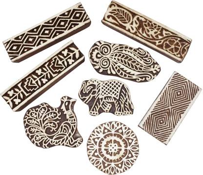 ASIAN HOBBY CRAFTS Wooden Printing Stamp Block Hand-Carved For Textile  Printing Pottery Crafts Indian Henna Tattoo 3 Inch - Pack Of 8 Pcs  (Assorted 3) : H Printing Blocks Price in India -