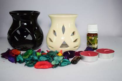 Bright Shop Ceramic Aroma Air Freshner Tea Light Diffuser Combo Pack of 2( White & Black Colour) Leaf Cut Floral Fragrance (10ML) Diffuser Set