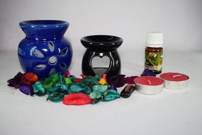 Bright Shop Ceramic Aroma Air Freshner Tea Light Diffuser Combo Pack Of 2(Blue & Black Colour Flower & Heart Shape) Floral Fragrance (10ML) Diffuser Set