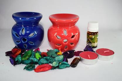 Bright Shop Ceramic Aroma Air Freshner Tea Light Diffuser Combo Pack of 2( Blue & Red Colour) Floral Fragrance (10ML) & 2 Candles Diffuser Set