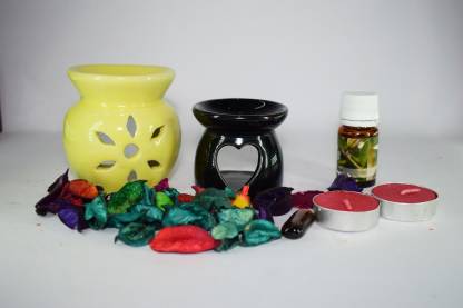 Bright Shop Ceramic Aroma Air Freshner Tea Light Diffuser Combo Pack Of 2(Black & Yellow Colour Flower & Heart Shape) Floral Fragrance Diffuser Set